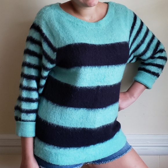 J. Crew Mint Green Navy Fuzzy Knit Pullover Sweater - Picture 8 of 10